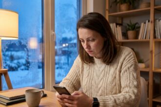 Femme fatiguée utilisant son smartphone près d'une fenêtre givrée en hiver, montre connectée au poignet, fatigue oculaire liée aux objets connectés