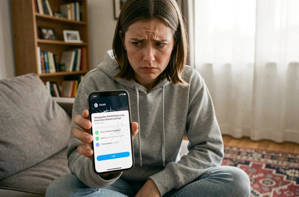 Une femme méfiante examinant une demande d'autorisation suspecte sur son smartphone à domicile