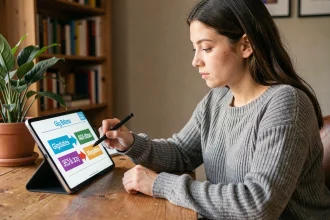 Femme expliquant la différence entre gigaoctet et mégaoctet sur une tablette avec infographie