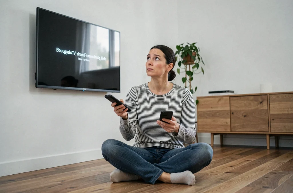 Femme avec télécommande Bouygues face à un écran TV bloqué affichant une erreur de décodeur