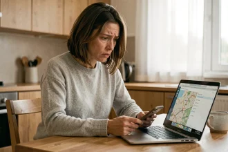 Femme inquiète utilisant Apple Localiser sur un ordinateur portable pour retrouver son iPhone volé depuis sa cuisine