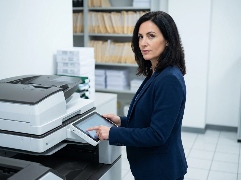 Femme d'affaires utilisant le panneau de commande tactile d'un photocopieur A3 professionnel en salle de reprographie