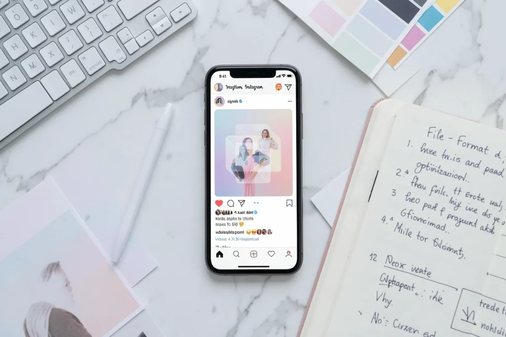 Flat-lay des outils d'un designer réseaux sociaux avec smartphone affichant un GIF transparent sur Instagram