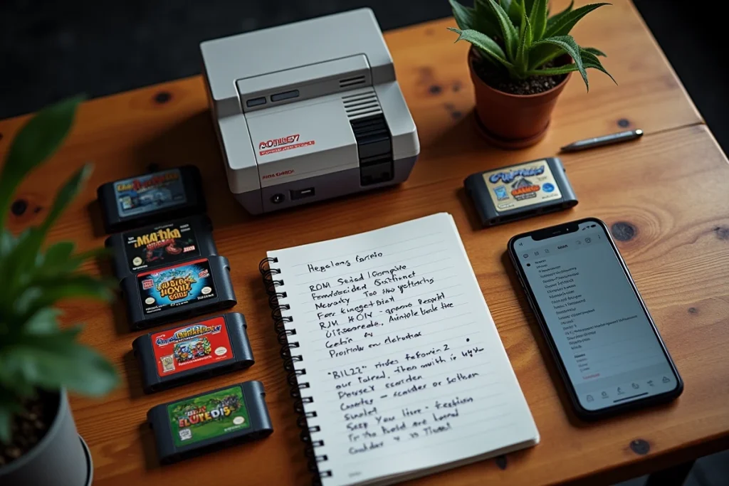 Vue aérienne de cartouches de jeux rétro, une console vintage et un smartphone affichant une recherche de ROMs compatibles