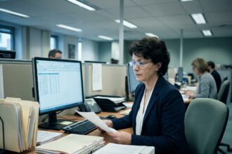 Femme fonctionnaire travaillant sur un grand écran de bureau dans un open-space d'organisme public