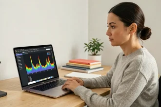 Femme utilisant le Moniteur d'activité macOS sur un MacBook Pro pour gérer les tâches et surveiller les performances du système