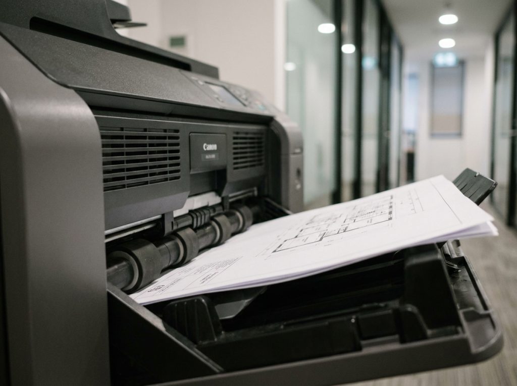Gros plan sur le bac de sortie d'un photocopieur A3 avec des documents imprimés au format A3 en entreprise
