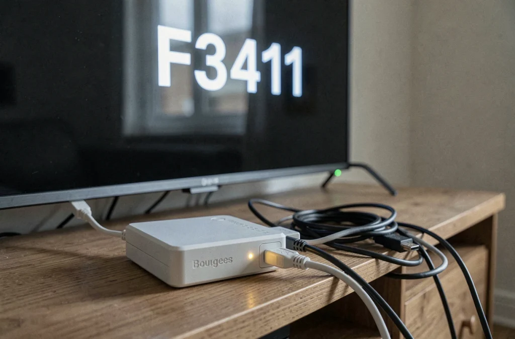 Gros plan d'un décodeur Bouygues avec code erreur F3411 visible sur l'écran TV en arrière-plan