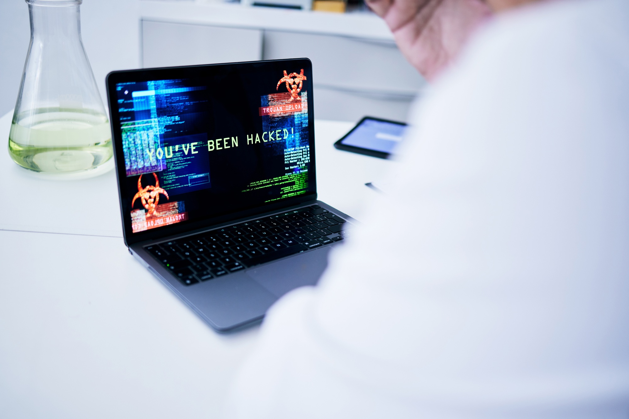 Hacked, laptop or scientist with cyber security attack, virus problem or 404 glitch in laboratory.
