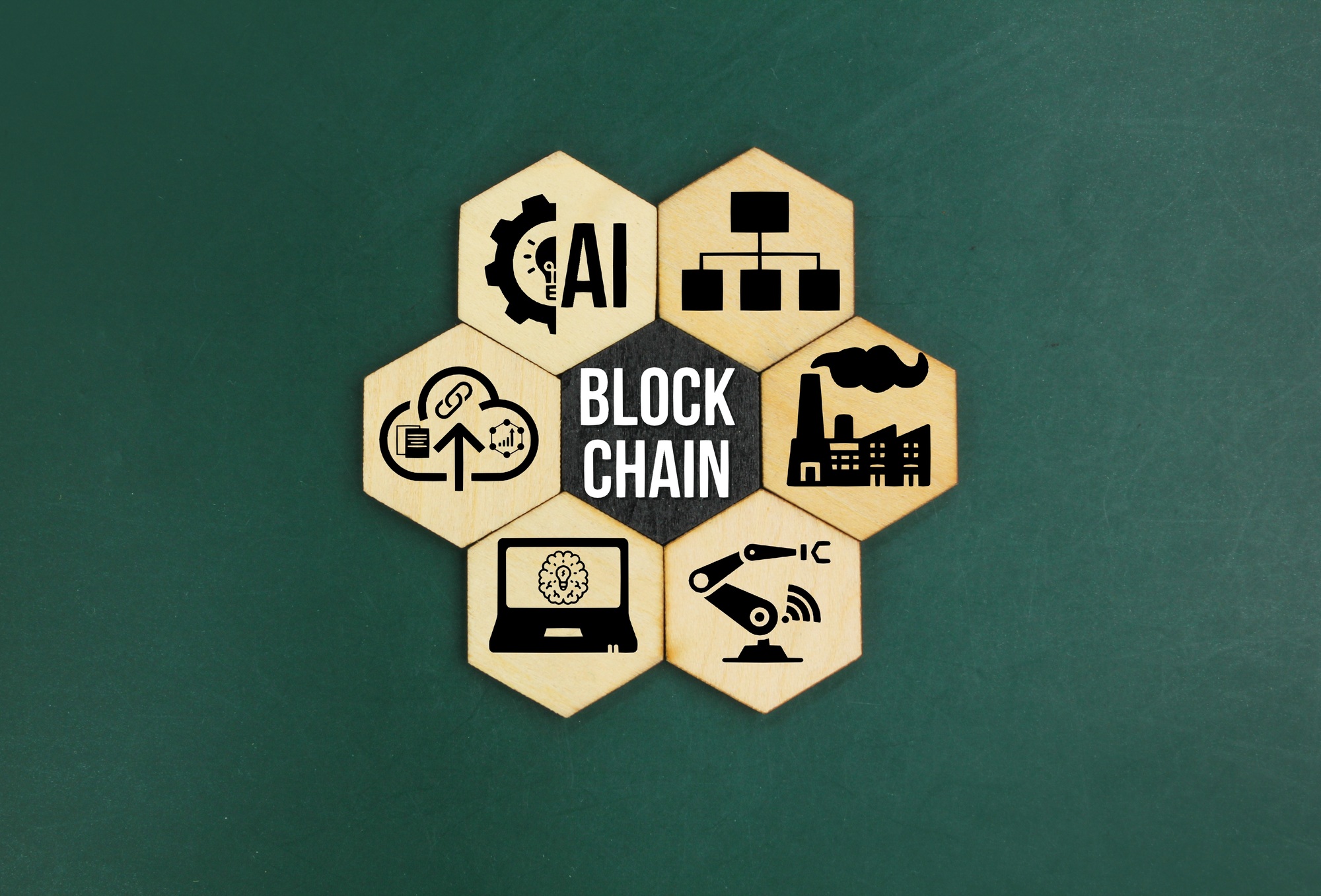 hexagon with blockchain icon. Blockchain Industrial Strategy Concept.