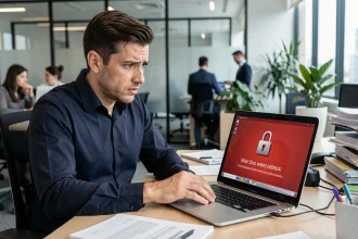 Un homme inquiet face à une alerte de logiciel malveillant sur son ordinateur portable au bureau