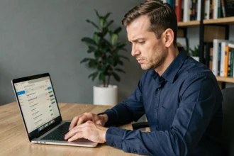 Homme analysant des emails suspects sur son ordinateur portable dans un bureau à domicile, illustrant la vigilance contre la fraude en ligne