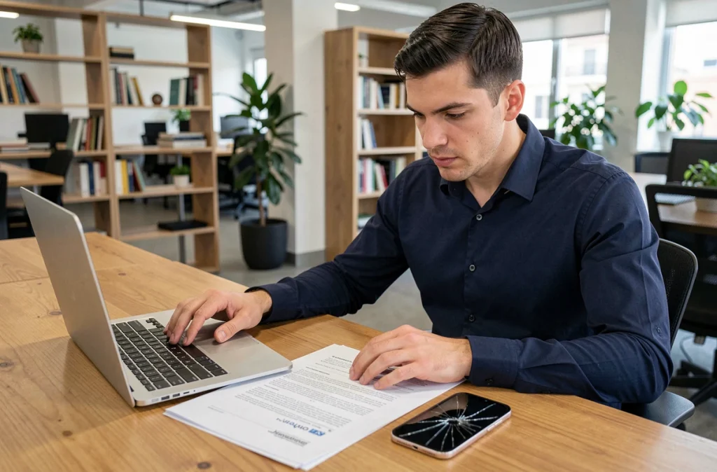 Homme comparant des documents d'assurance smartphone à côté d'un iPhone avec écran fissuré sur un bureau de coworking