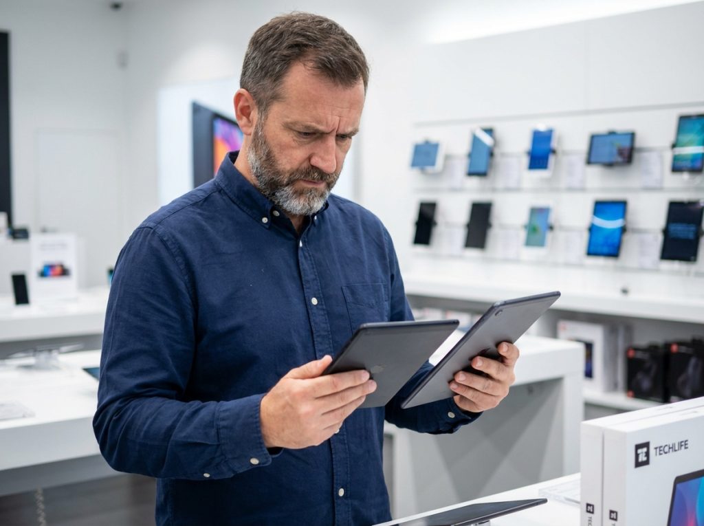 Homme comparant deux tablettes tactiles dans un magasin d'électronique pour trouver le meilleur rapport qualité-prix