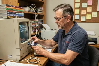 Homme insérant une disquette dans un PC des années 90 entouré de magazines PC Expert et de matériel informatique vintage