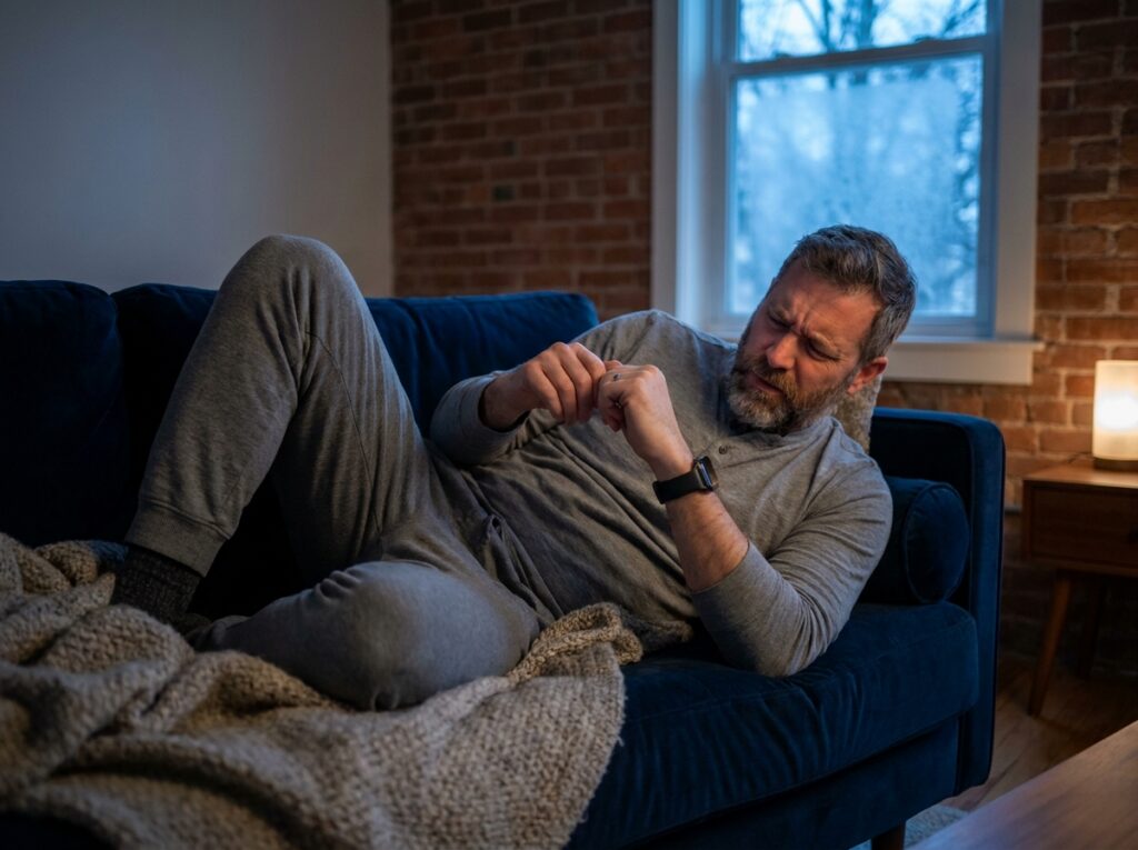 Homme allongé sur un canapé en hiver consultant sa montre connectée de près, expression de fatigue visuelle due aux écrans