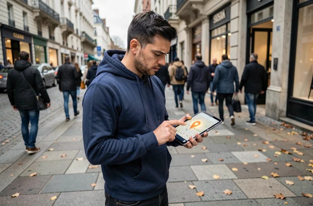 Homme dans la rue consultant l'application Localiser sur iPad pour retrouver un iPhone volé en ville