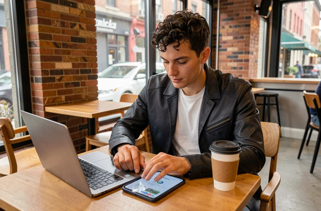 Homme comparant les caractéristiques du Samsung A05s avec un ordinateur portable dans un café urbain