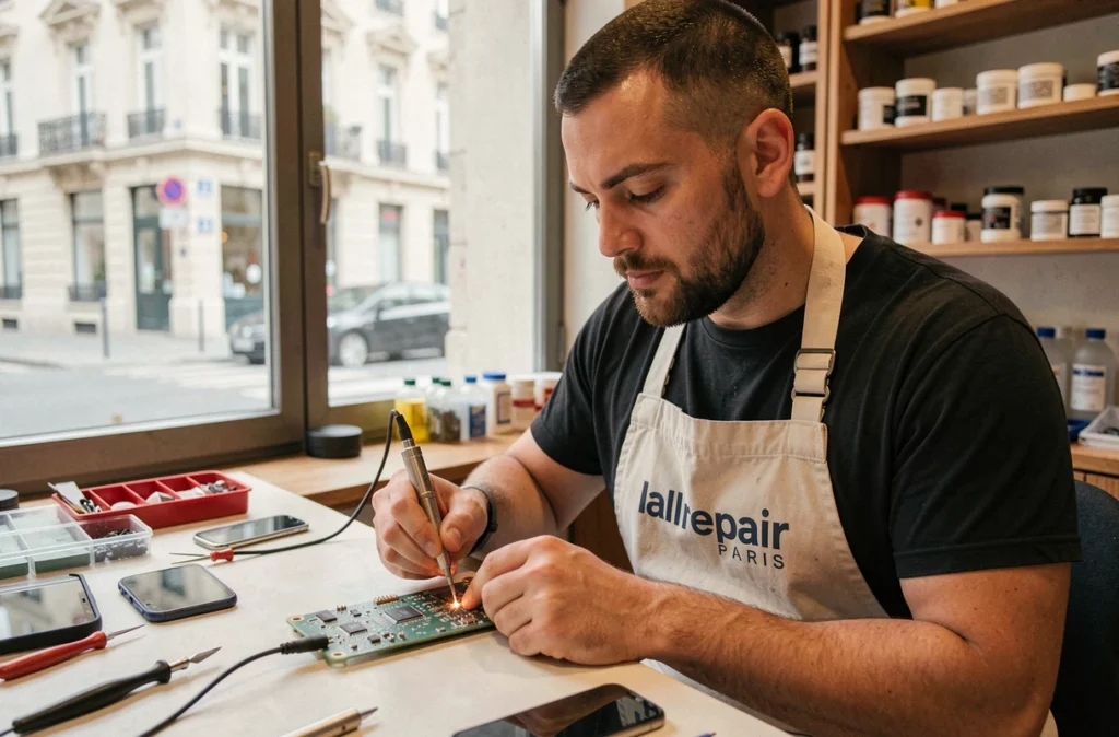 Technicien Iallrepair Paris effectuant une micro-soudure sur une carte logique de smartphone