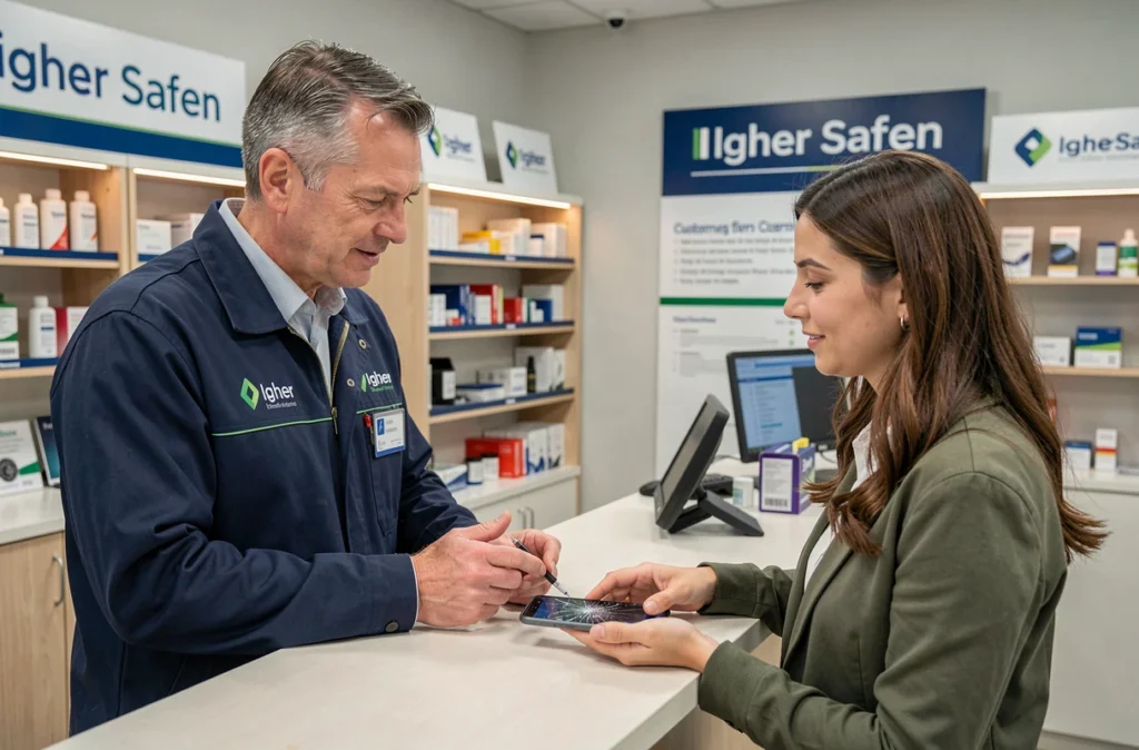 Technicien Igher Safen expliquant un diagnostic de réparation à une cliente