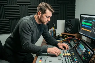Ingénieur du son en studio travaillant sur l'exportation de fichiers audio WAV depuis une station de travail professionnelle