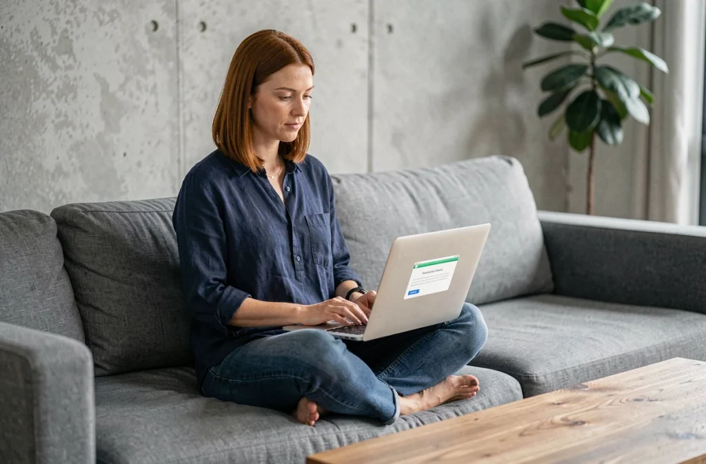 Femme installant macOS Sierra 10.12 sur MacBook Air dans un salon moderne sans perte de données