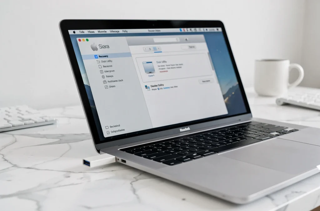 MacBook Pro ouvert sur l'interface de récupération macOS Sierra 10.12 avec clé USB de sauvegarde sur bureau en marbre