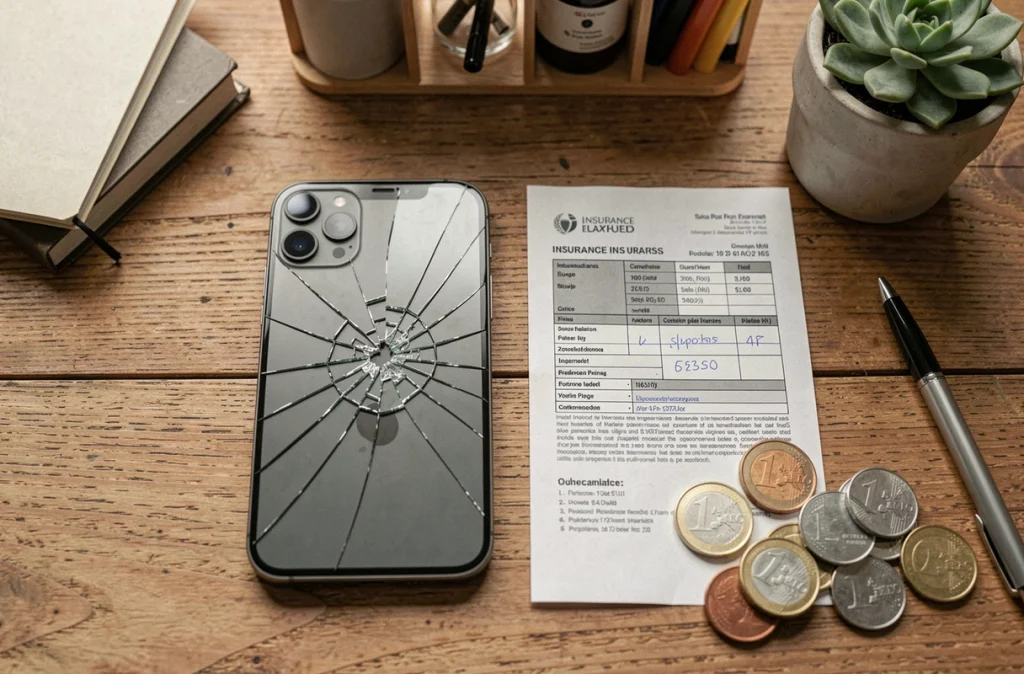 Vue à plat d'un iPhone 16e à l'écran brisé posé près d'un contrat d'assurance et de pièces en euros sur une table en bois