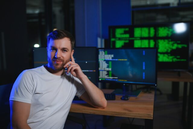 IT technician person with technology for typing code, future and data analytics IT technician person with technology for typing code, future and data analytics