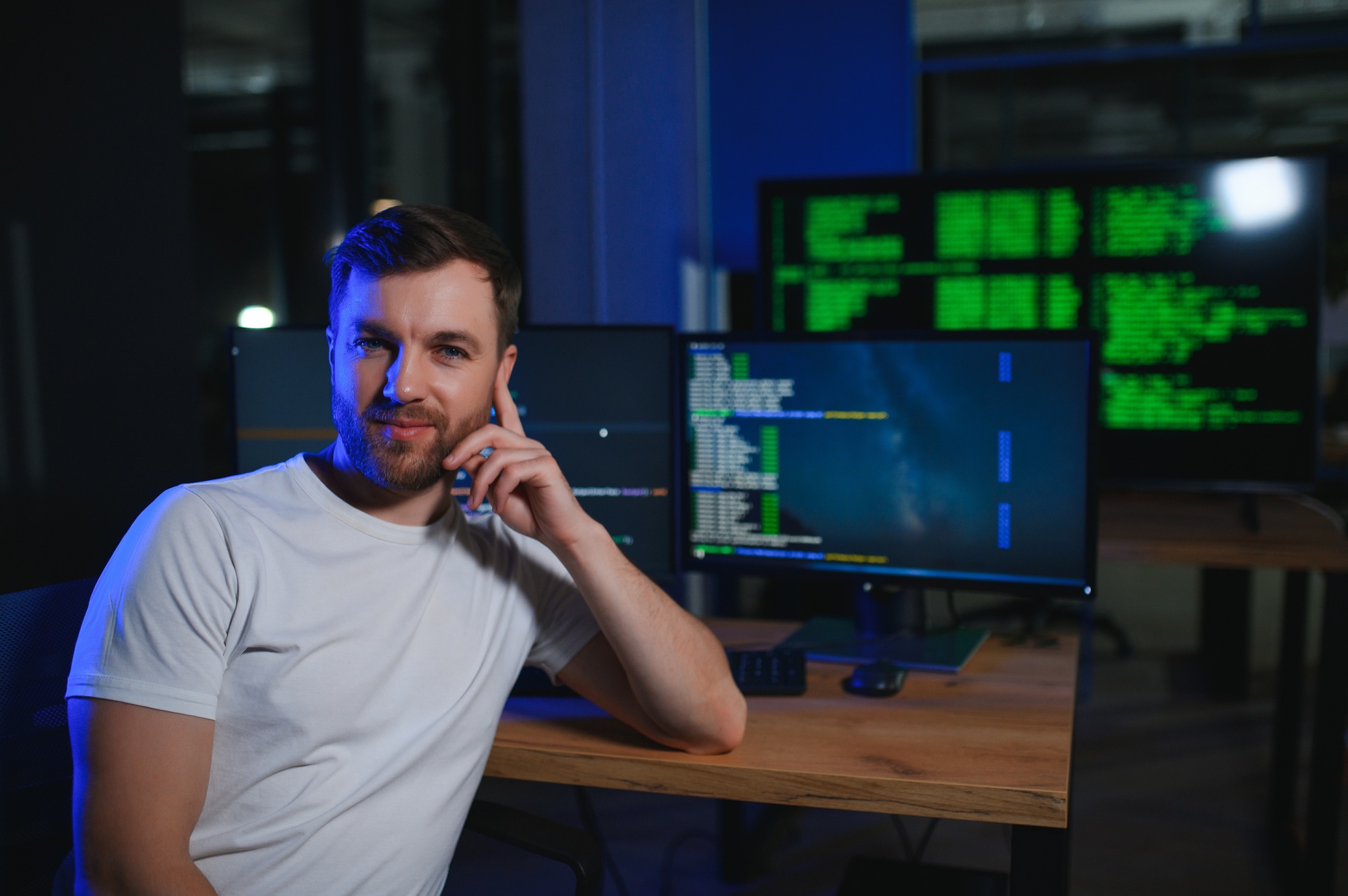 IT technician person with technology for typing code, future and data analytics