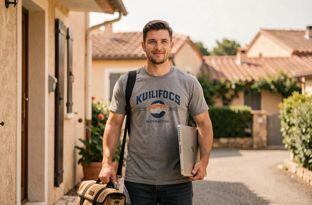 Technicien JC Mobile Var en déplacement à domicile portant son matériel dans un quartier du Var