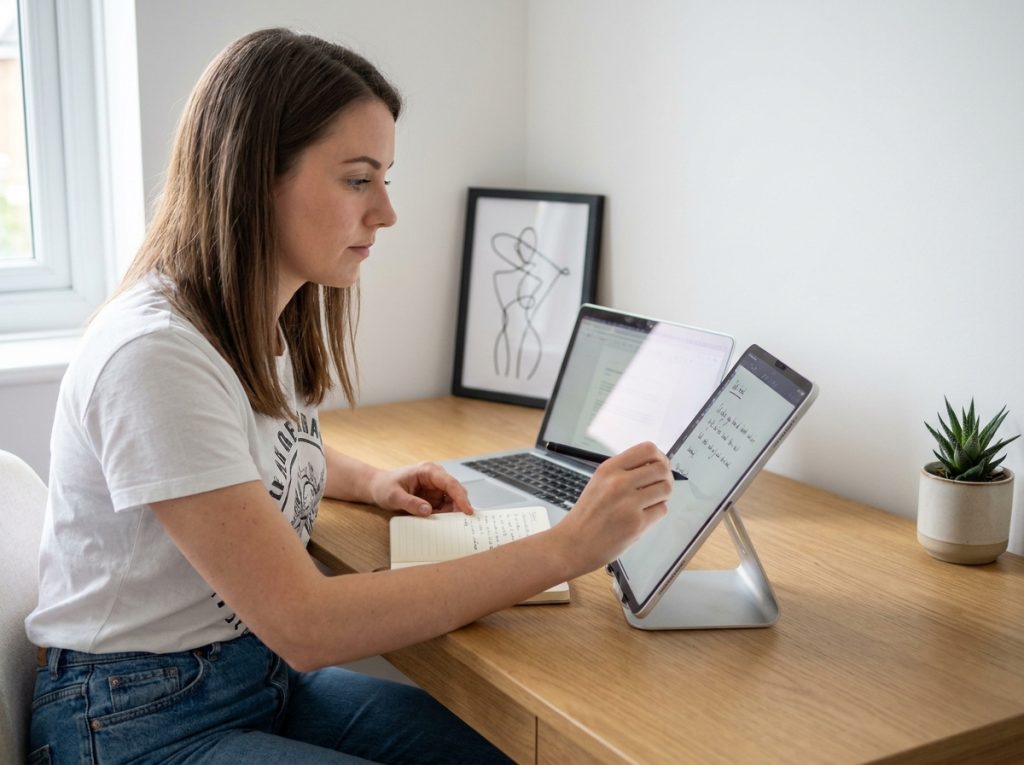 Jeune femme utilisant une tablette tactile avec stylet dans un bureau minimaliste pour la prise de notes et la productivité