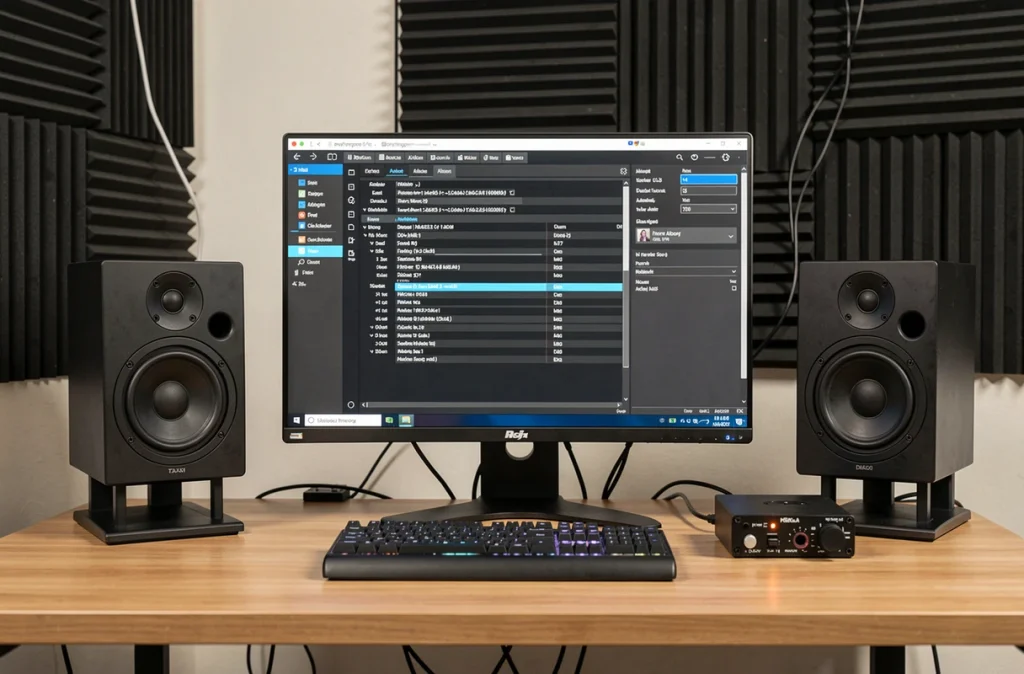 Interface logiciel d'édition audio affichant les champs de métadonnées ID3 d'un fichier MP3 dans un studio maison