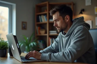 Homme frustré devant un MacBook affichant une erreur de démarrage avec le symbole d'interdiction sur macOS