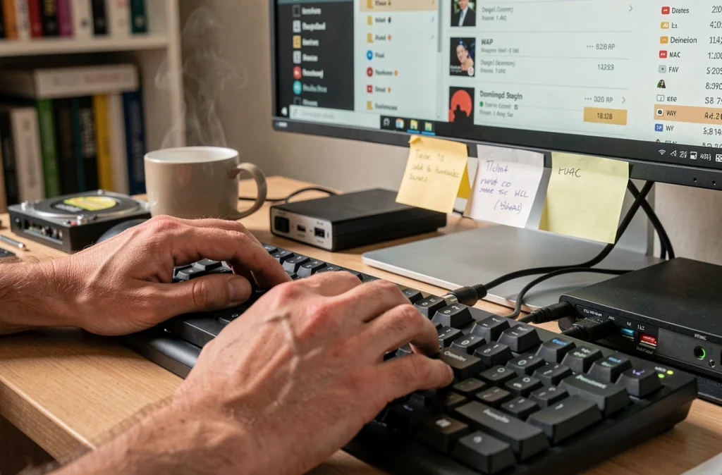 Mains d'un utilisateur gérant des fichiers audio WAV et FLAC sur un bureau avec interface audio USB et écran d'ordinateur