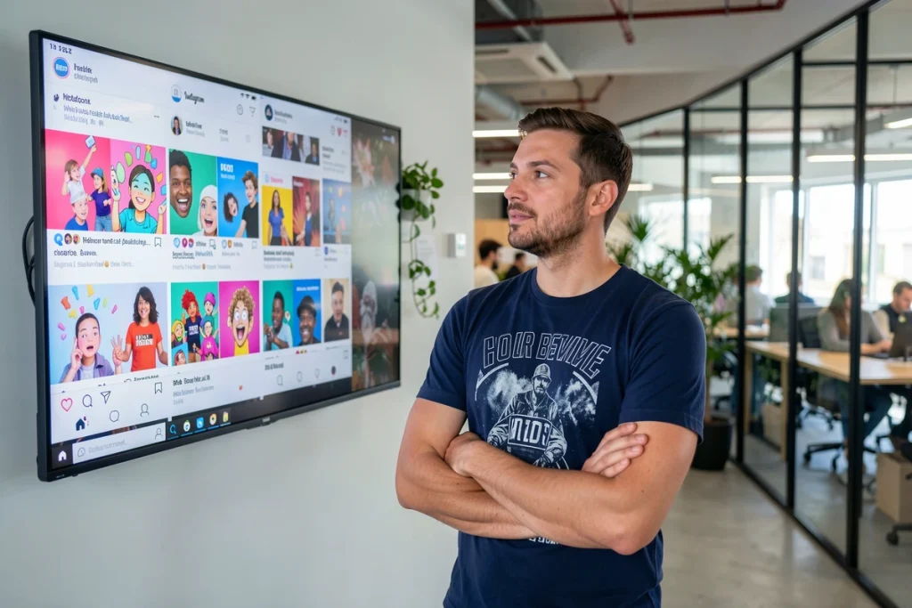 Professionnel du marketing évaluant des visuels GIF animés sur une grille Instagram dans un espace de coworking