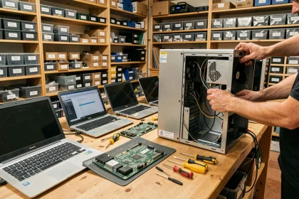 Atelier de réparation informatique professionnel dans le Var avec établi, ordinateurs ouverts et outils de technicien