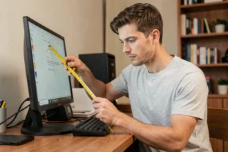 Homme mesurant la diagonale d'un écran 24 pouces avec un mètre ruban dans un bureau à domicile