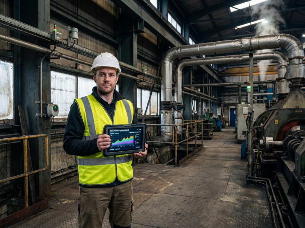 Technicien industriel mesurant les émissions de CO2 en temps réel sur une tablette dans une usine
