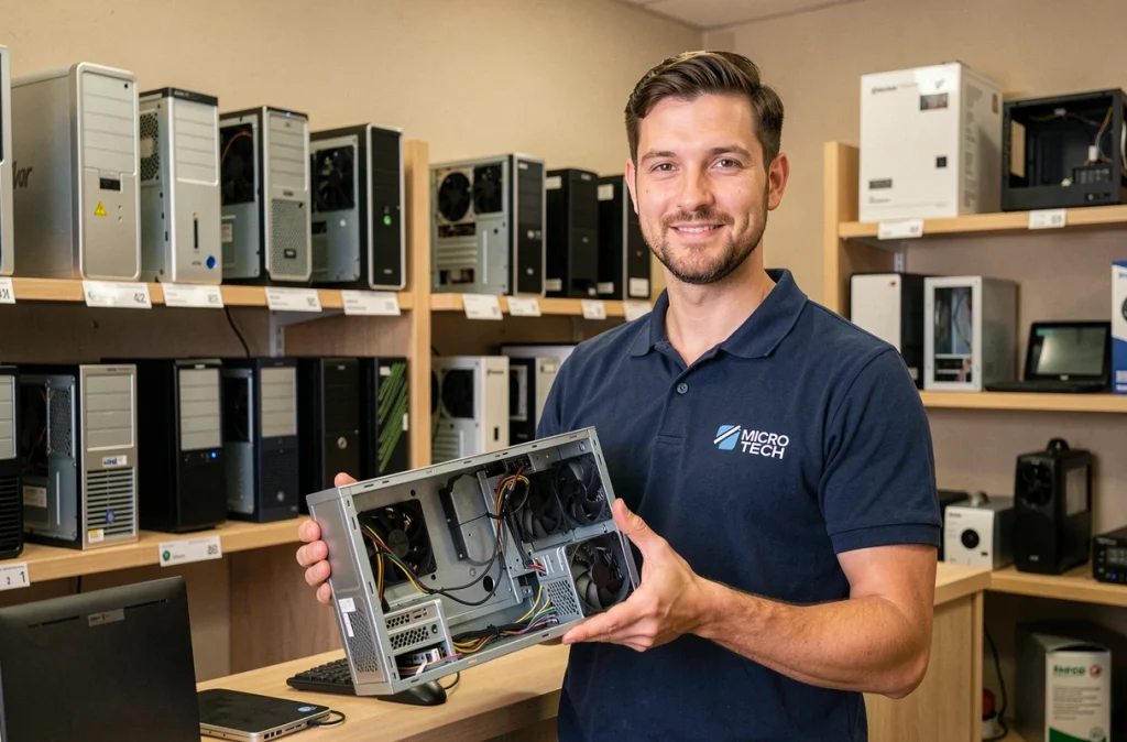 Technicien Micro Tech Var tenant un composant réparé dans sa boutique informatique professionnelle