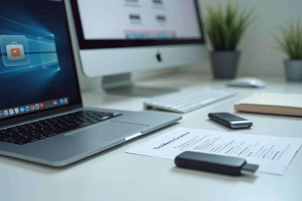 Clavier MacBook Pro et clé USB avec l'interface de récupération macOS visible en arrière-plan flou