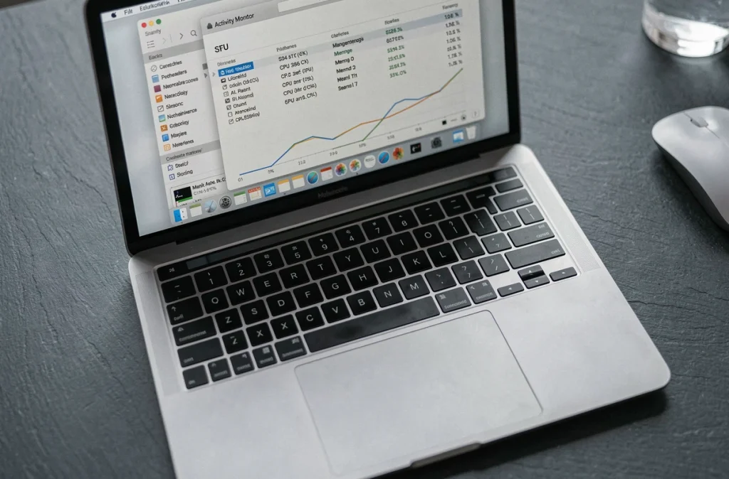 Gros plan sur le Moniteur d'activité macOS ouvert sur un MacBook Pro affichant les processus CPU et la mémoire vive en temps réel