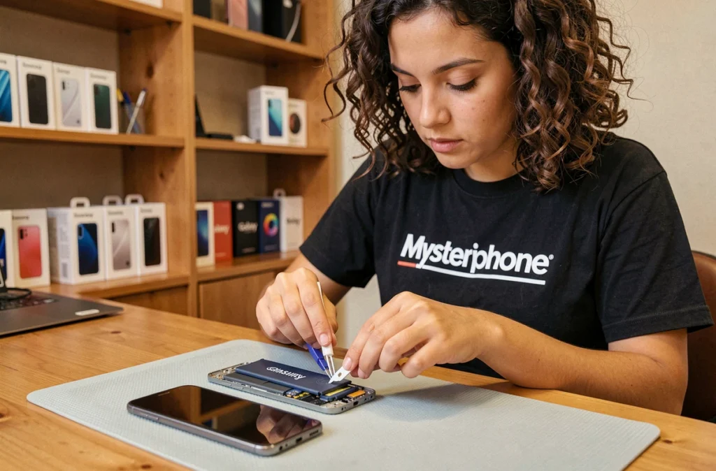 Technicienne Mysteriphone retirant une batterie de Samsung Galaxy sur un tapis antistatique