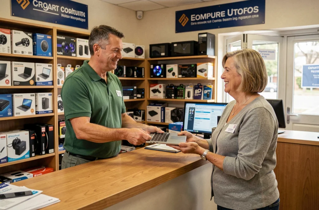 Technicien OK Informatique remettant un ordinateur portable réparé à une cliente satisfaite en boutique