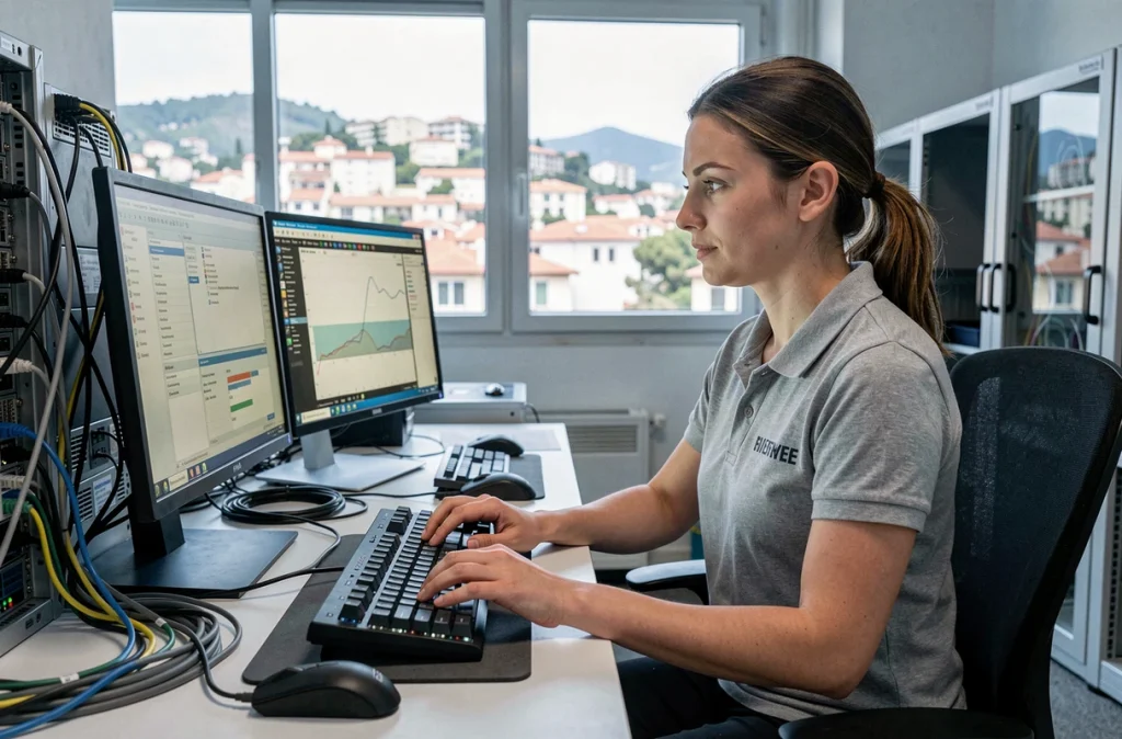 Technicienne Optimium83 travaillant sur un diagnostic informatique dans un bureau professionnel équipé