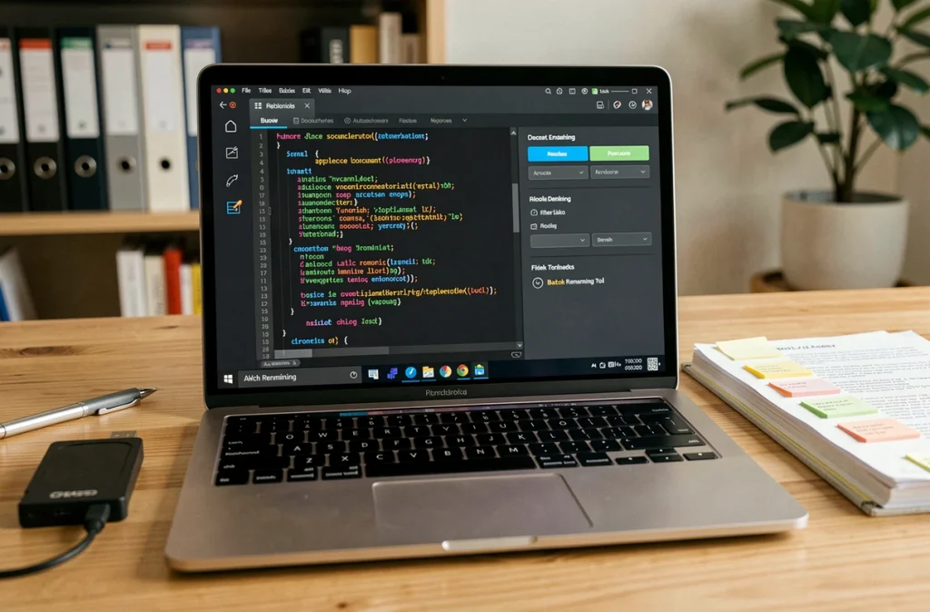 Ordinateur portable affichant un script d'automatisation pour le classement et l'archivage de documents bureautiques