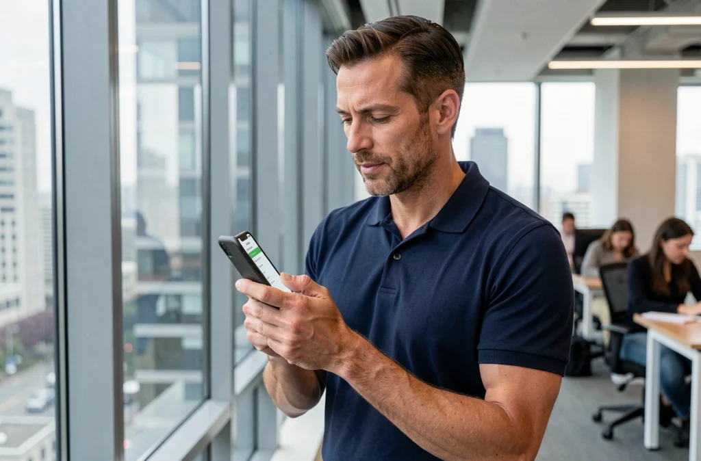 Homme professionnel paramétrant une messagerie Webmail sur mobile dans un bureau moderne