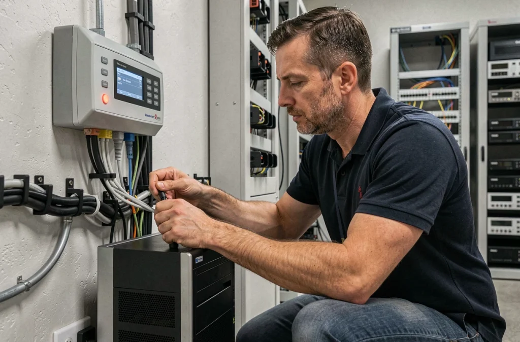 Technicien PC Alarmes installant un système informatique relié à un panneau de sécurité et d'alarme