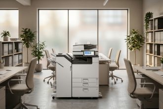 Photocopieur A3 multifonction professionnel installé dans un bureau moderne en open space avec mobilier neutre
