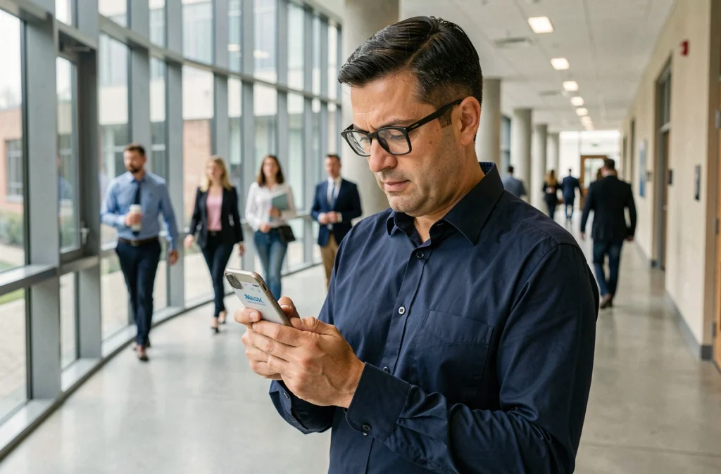 Professeur consultant sa messagerie académique Convergence sur smartphone dans un couloir d'université à Grenoble